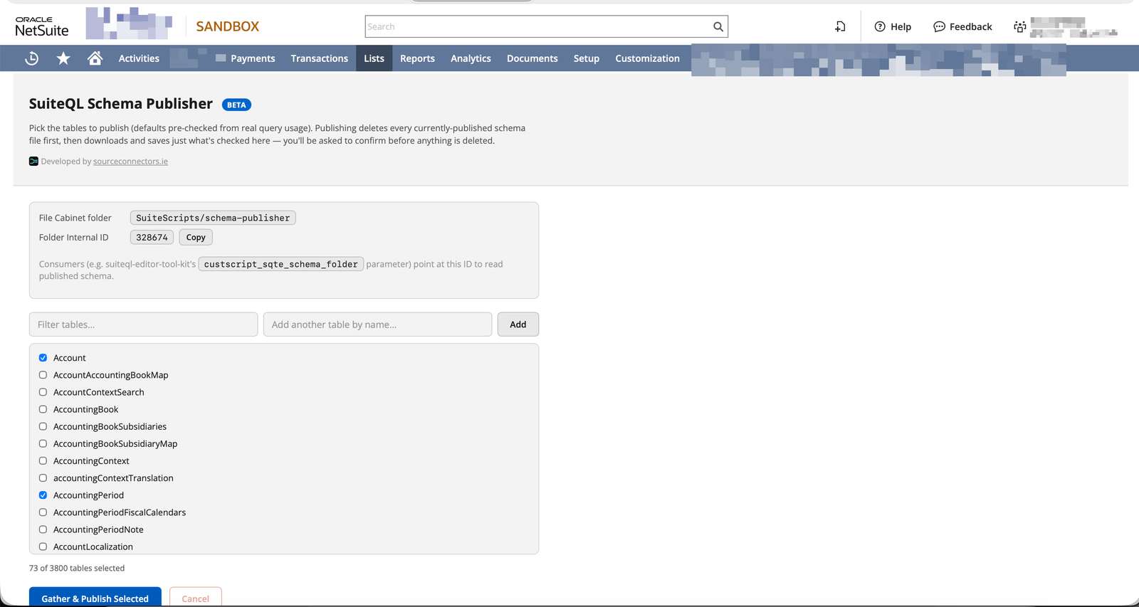 NetSuite Schema Publisher interface showing File Cabinet settings and a table selection list