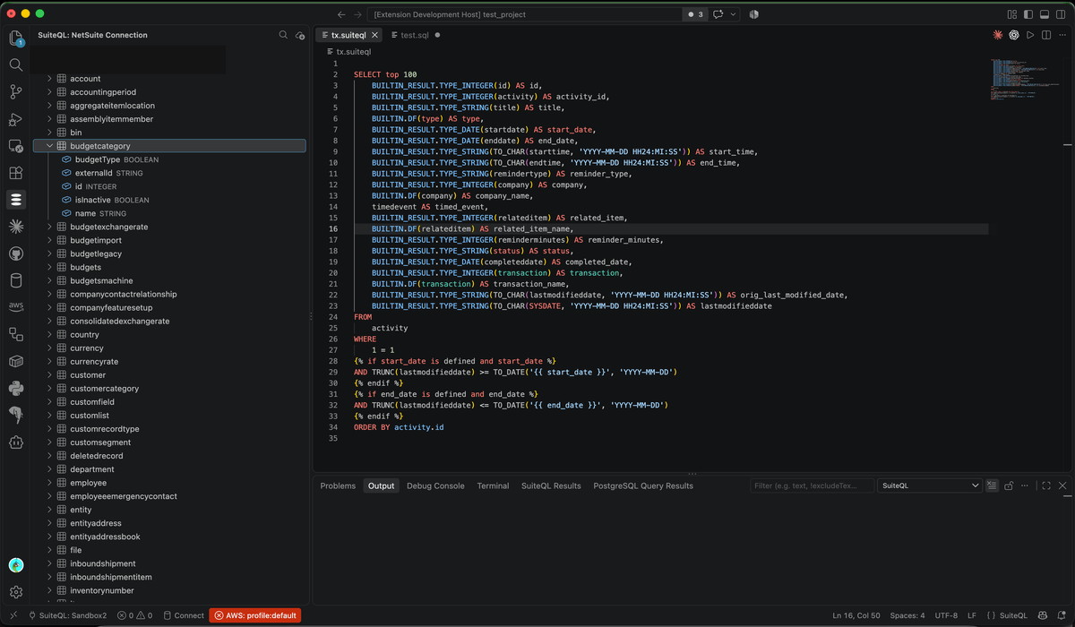 SuiteQL for VS Code object explorer showing saved connections, tables and columns