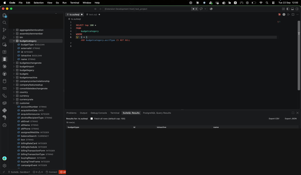 Results pane showing query output