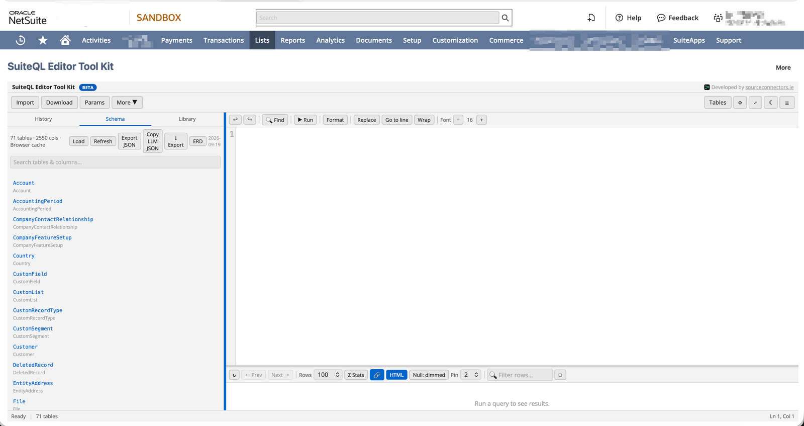 SuiteQL editor with a query workspace, schema browser and query history sidebar