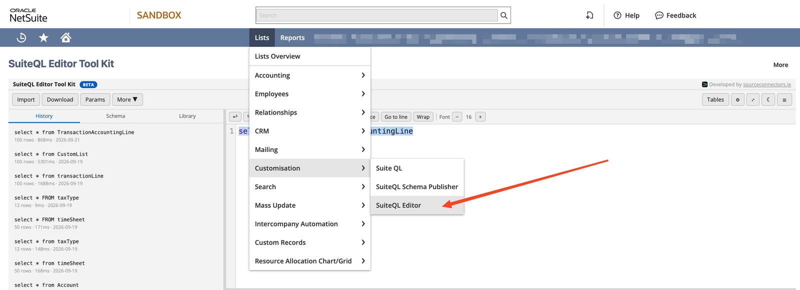 Menu location: Lists, Customisation, SuiteQL Editor