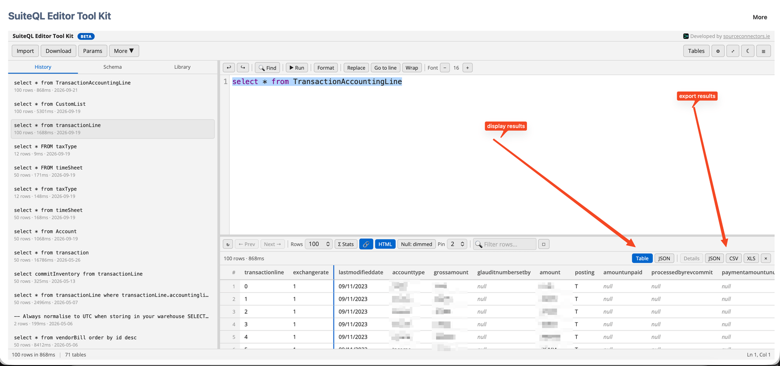 Results panel showing the Table and JSON toggle, per-row details, and export options