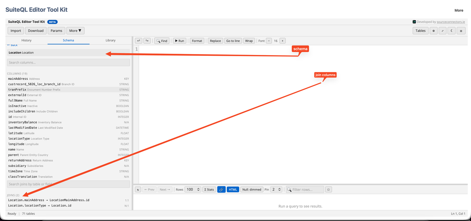 Schema browser for a single table, with its columns and available joins